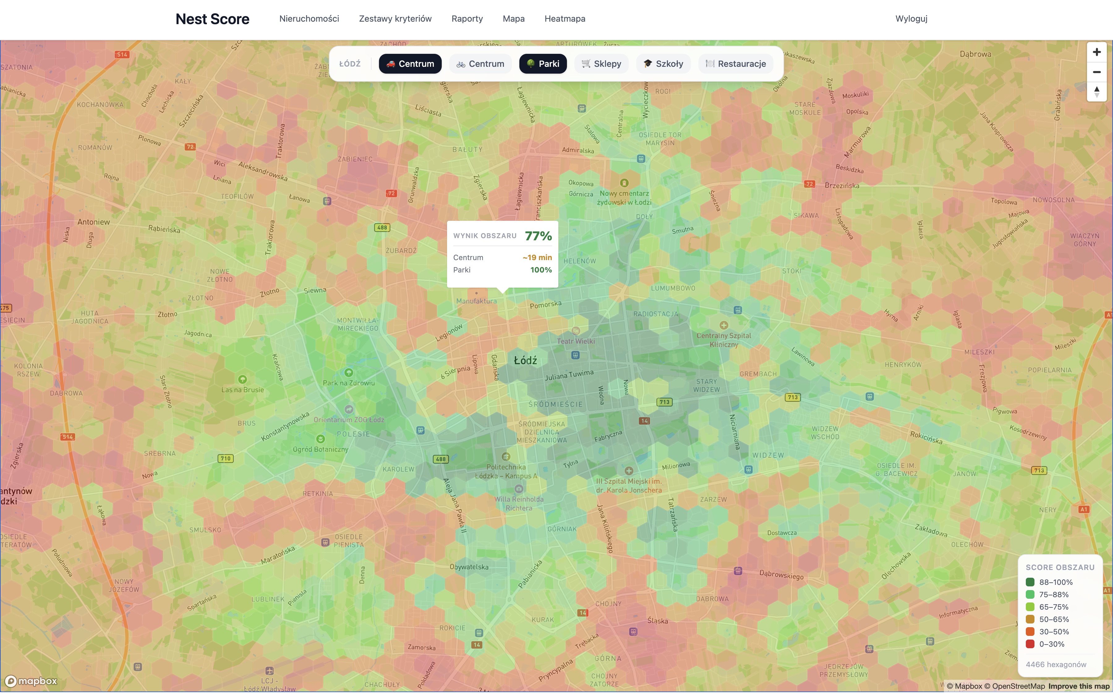 Heatmapa pokazująca które części miasta pasują do Twoich kryteriów