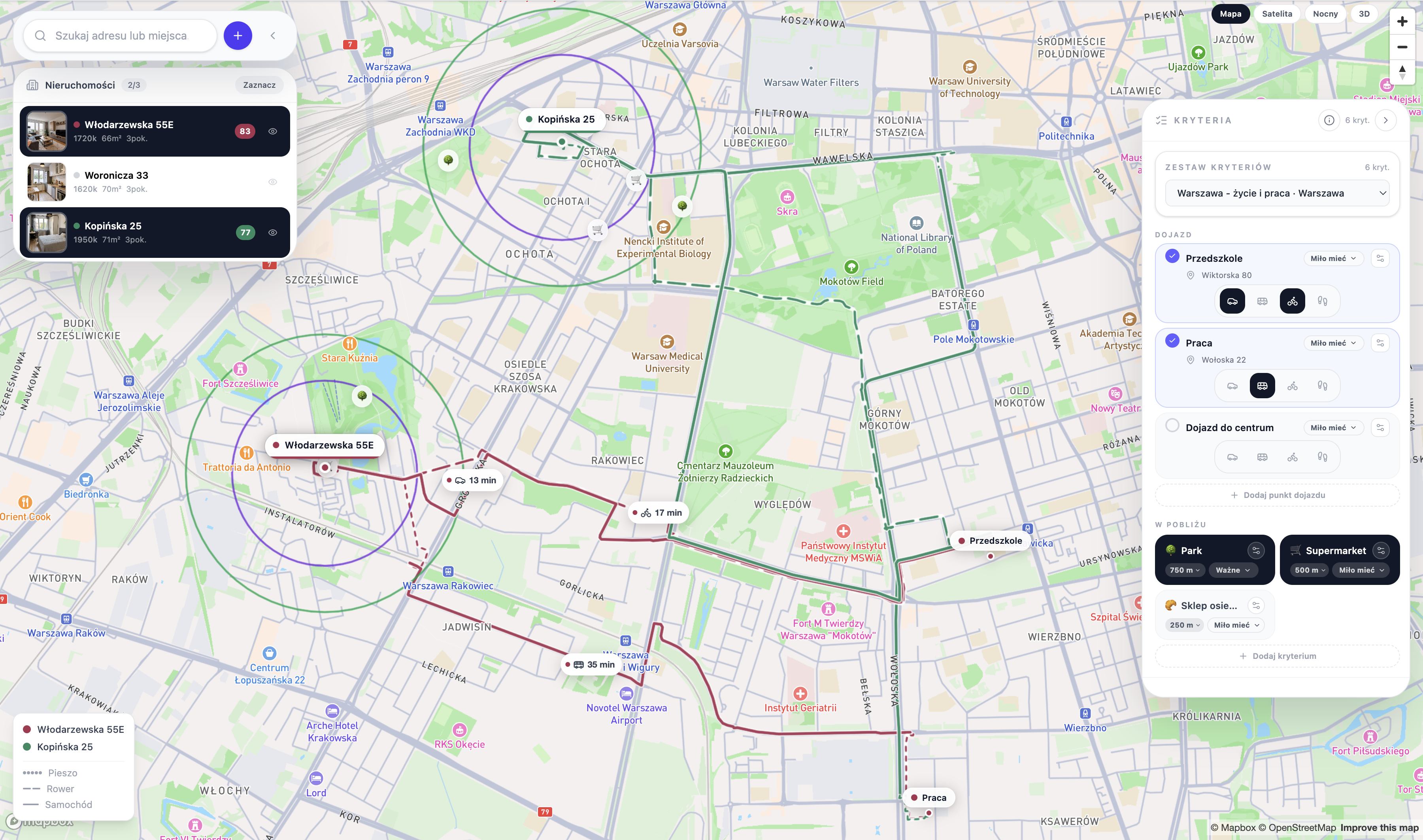 Mapa dojazdów z kilku rozważanych mieszkań
