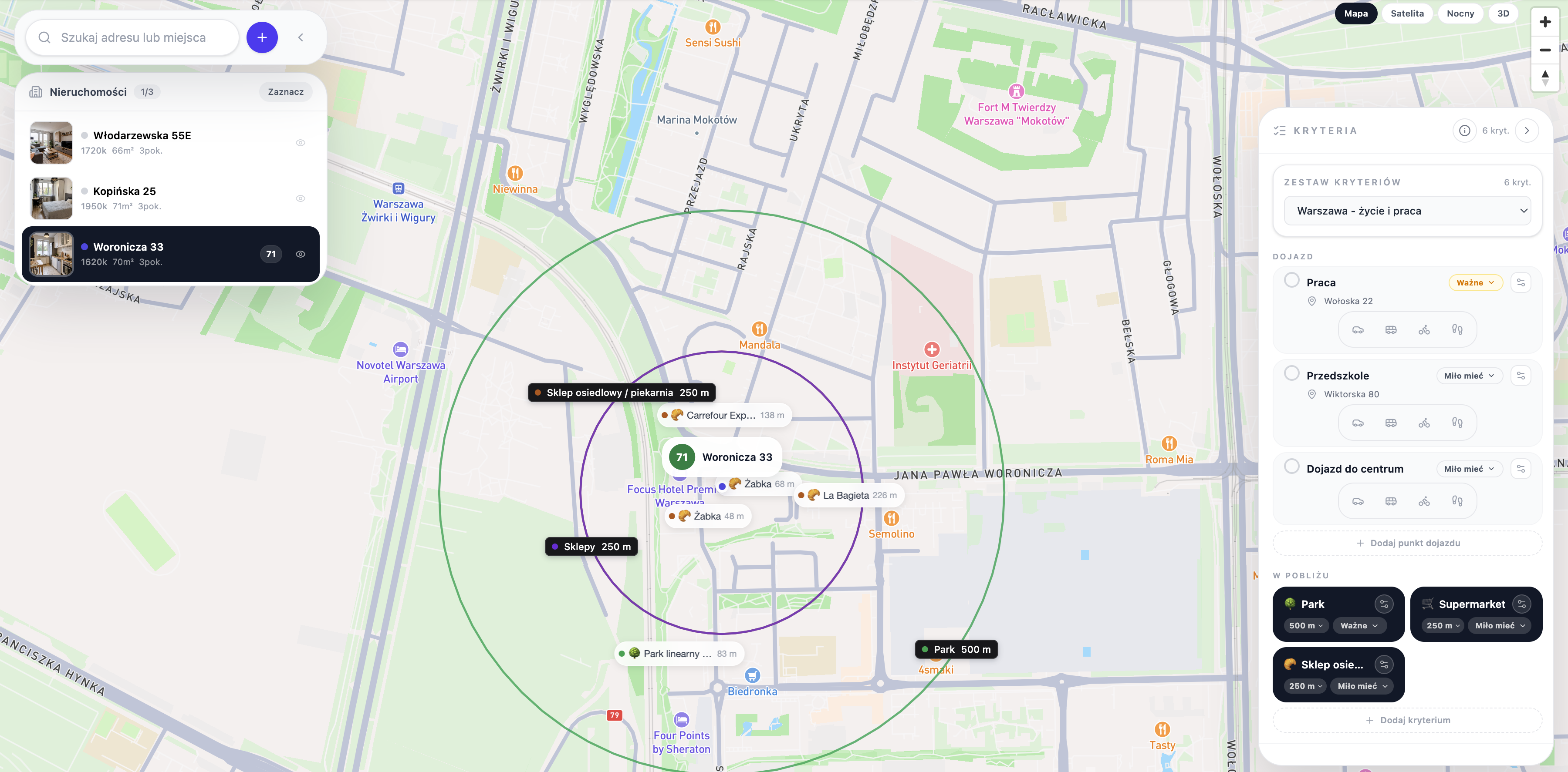 Mapa okolicy mieszkania z usługami w promieniu 500 m