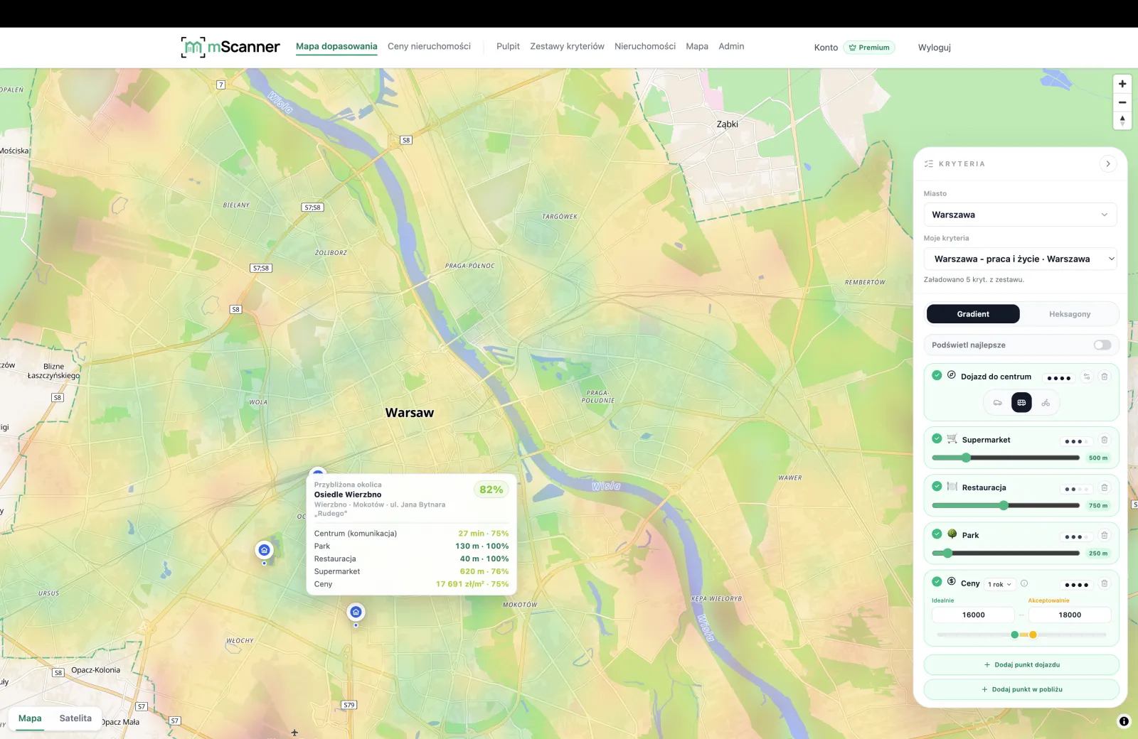 Mapa dopasowania lokalizacji do kryteriów w mScanner