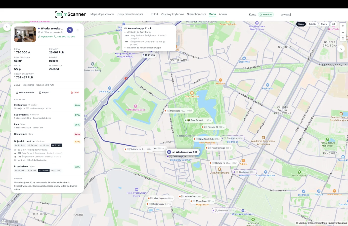 Mapa okolicy i usług w pobliżu mieszkania w mScanner